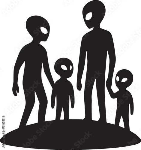 Alien Family Silhouette Standing on Mound, Extraterrestrial Concept