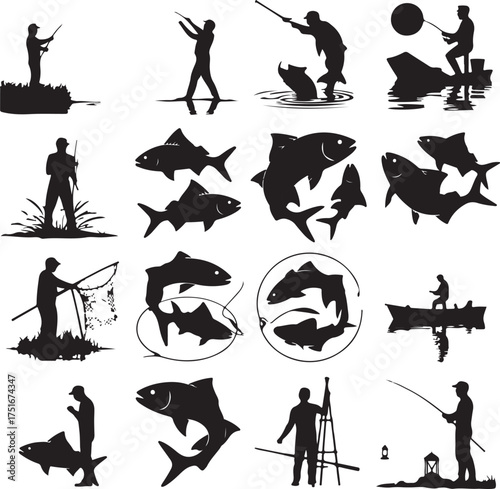 Fishing Silhouette Set Collection of Anglers and Fish Icons Vector