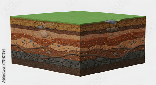 Detailed cross-section of earth displaying soil layers from grass surface down to rock stratum, showcasing geological composition, erosion and soil science in a square block on white background.