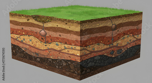 Detailed cross-section illustration displaying various soil layers, starting with lush green grass on top, revealing stratum, rocks, and even what appears to be a subterranean root system illustration