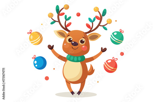 Cute reindeer juggling christmas ornaments isolated on white background, spreading holiday cheer and festive spirit