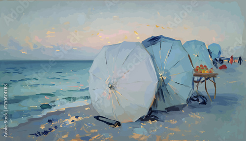 Beach umbrellas serene on a calm beach with ocean and sky