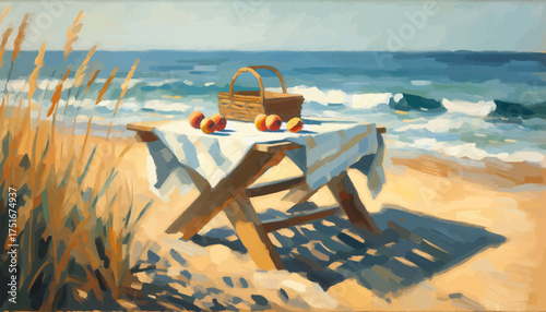 Picnic table serene with fruit and basket on a sunny beach