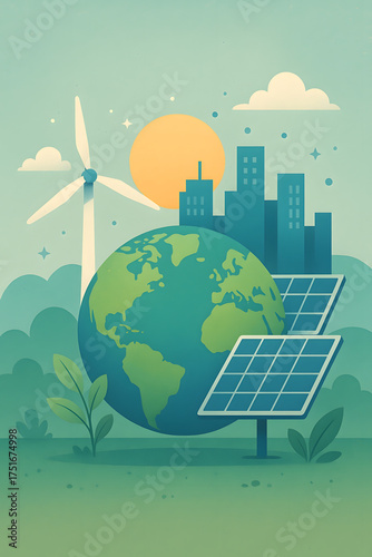 An illustration of clean energy and environmental sustainability, featuring the Earth surrounded by green trees, wind turbines and solar panels.