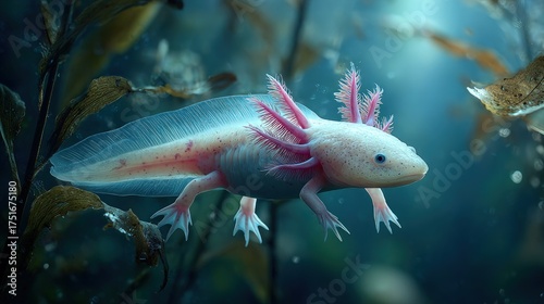 An aloof axolotl floating serenely underwater limbs gently swaying back and forth exotic pet