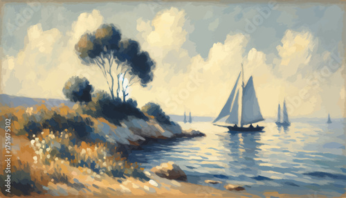 Sailboats Painting in Serene Blue and Green Hues Representing Coastal Leisure Activity