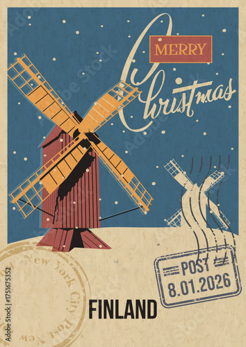 Merry Christmas Finland Tourist Attraction Greeting Card. The Aland Islands Old Windmill Illustration. Vector Template Retro Style Postcard. Postal Imprint, Aged Paper Texture, Snow