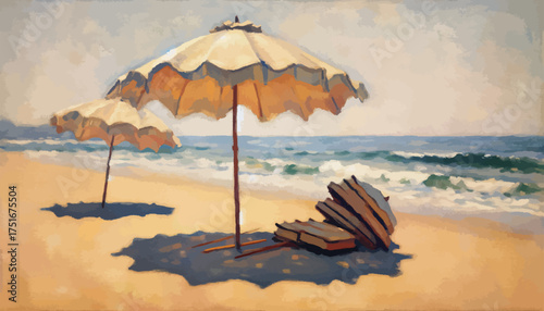 Two Beach Umbrellas with Books Painting in Warm Tones Representing Relaxing Summer Reading