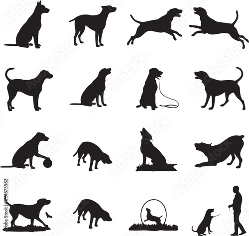 Silhouette Collection of Dogs in Various Poses and Activities Vector Design
