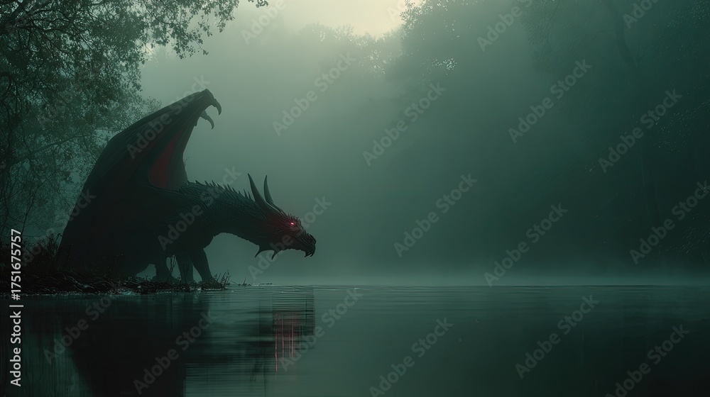 Obraz premium Shadow dragon lurking in a cursed swamp glowing red eyes eerie mist dark fantasy aesthetic