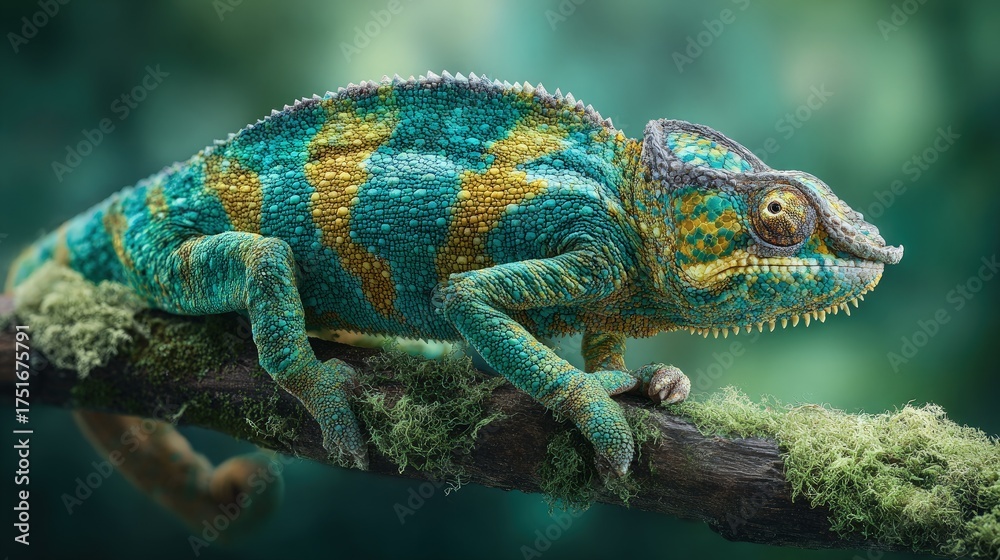 Fototapeta premium An exotic pet chameleon perched on a branch vibrant colors blending into its surroundings