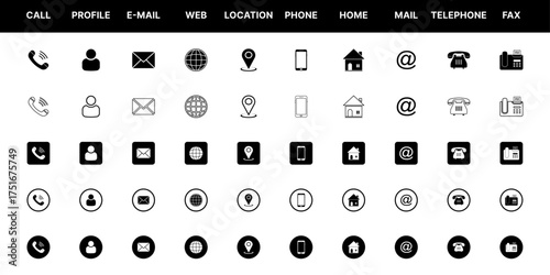 Modern minimalist business card icon set, contact & communication symbol collection