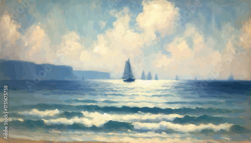 Sailboats on Ocean Painting in Serene Blue Tones Representing Calm Seascape