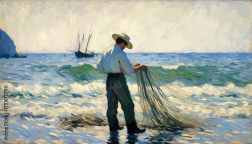 Fisherman with Net Painting in Warm Light Representing Coastal Work