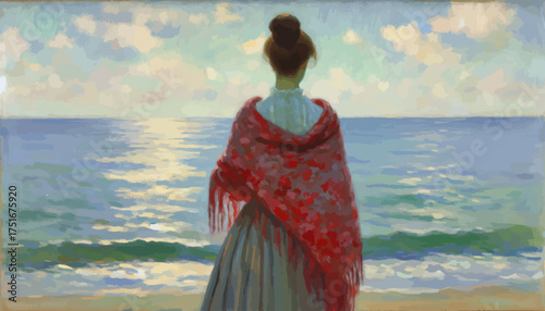 Woman in Red Shawl Painting in Golden Light Representing Contemplation by the Sea