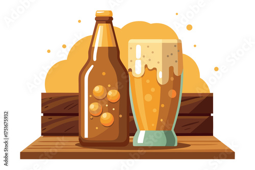 Illustration of a beer bottle and a glass of beer on a wooden surface isolated on white background