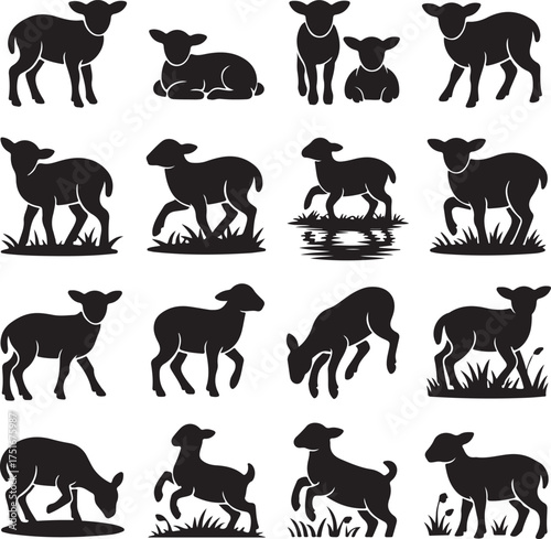Silhouette of adorable lambs in various poses and positions vector design