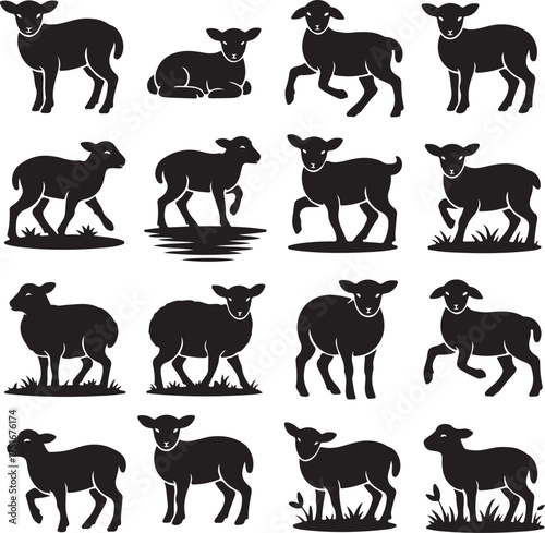 Silhouette of Sheep and Lambs in Various Poses and Arrangements