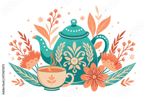 A charming illustration of a teapot and teacup surrounded by flowers, isolated on white background