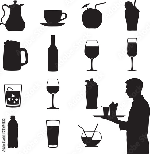Silhouette of various drinks and a waiter against a white background