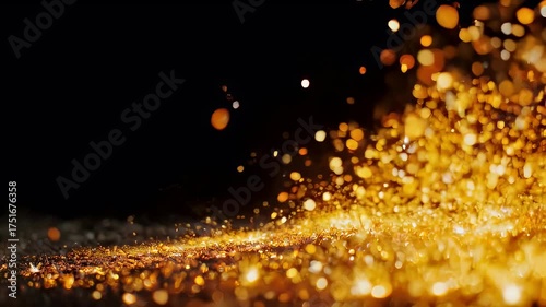 Golden sparks burst from the bottom, swirling up against a black background. Bokeh effect