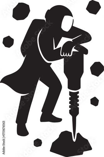 Construction Worker Silhouette with Jackhammer Breaking Rock