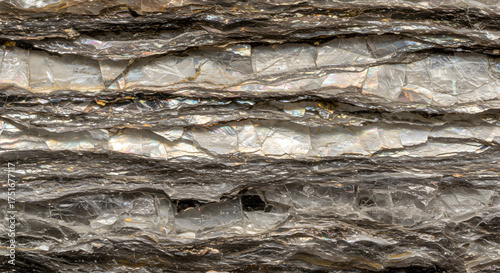 Intricate layers of glittering muscovite mica form a captivating natural abstract pattern, showcasing iridescent sheens and crystalline textures in a visually striking geological composition.