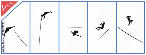 Pole vault training, athlete silhouette on white background. Vector illustration.