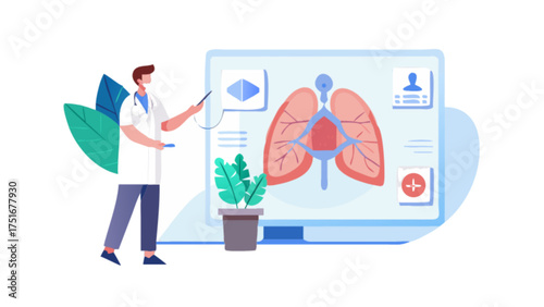 Doctor explaining lungs anatomy on screen for medical education and healthcare concept
