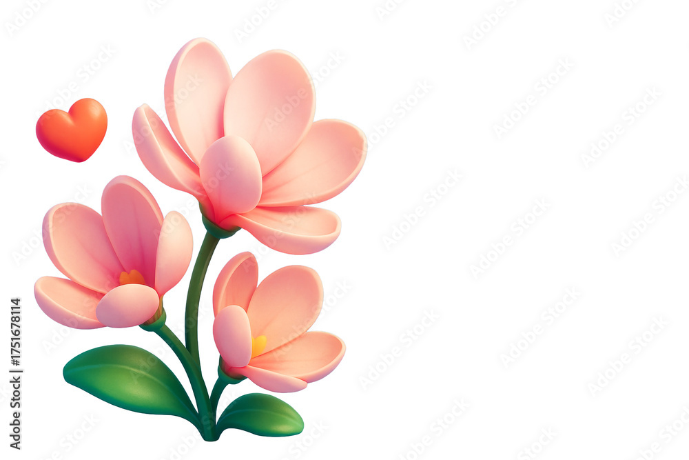 Fototapeta premium Pink stylized flowers with green stems and a red heart, isolated in closeup on a clean white background, concept of love and beauty, Ai generative