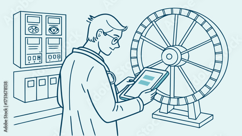 Doctor analyzing medical device data on tablet with wheel and control panel setup