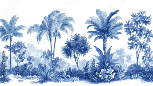 Tropical Landscape Border, Decorative, Blue Print
