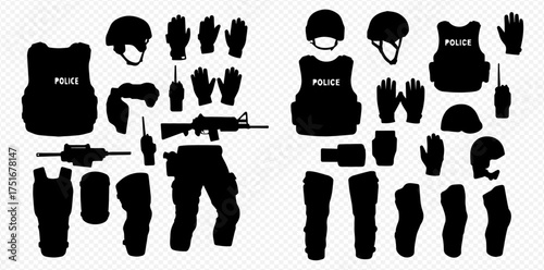 Black silhouettes of police special forces tactical gear, uniform, and equipment isolated on a transparent background.