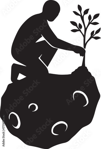 Person silhouette planting a sapling on rocky surface