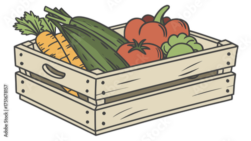 Fresh vegetables in wooden crate organic harvest carrots zucchini tomatoes peppers box farm