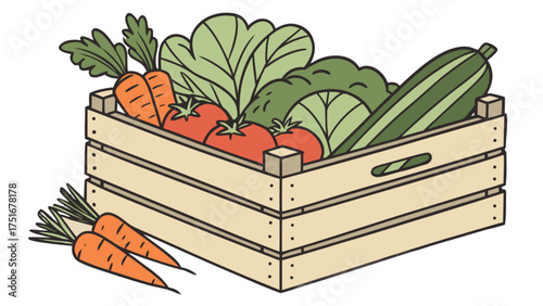 Fresh vegetables in wooden crate illustration vector graphic for healthy eating diet