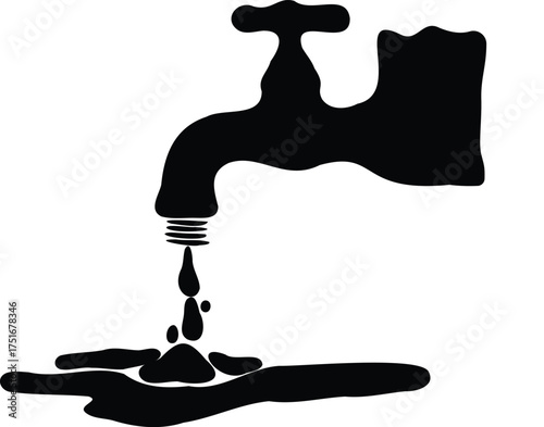 Black silhouette illustration of a water tap dripping onto a puddle, clean vector art by hand drawn style, perfect for hygiene, plumbing, or water-saving themes.