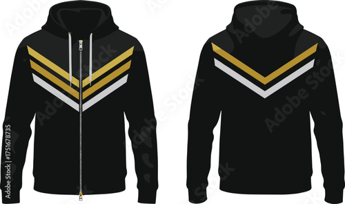 Black hooded sweatshirt technical sketch, front and back view, chevron design, zip and pullover styles, cad drawing flat vector illustration