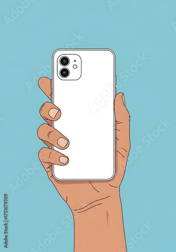 Hand Holding White Smartphone, Minimalist Illustration.