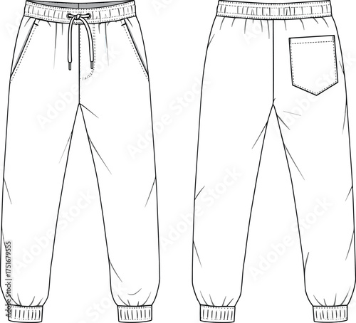 cad drawing flat vector illustration, jogger pants front back view, fashion technical sketch, garment design template, apparel blueprint, clothing mockup