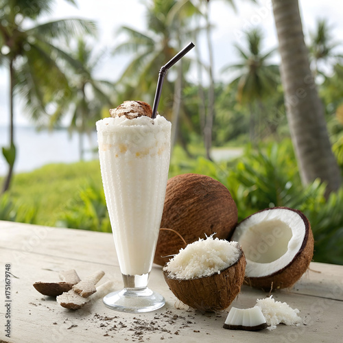 ultra detailed photo of a coconut milkshake with coconut flakes