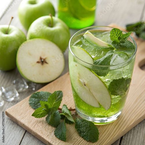 ultra realistic close up of green apple juice with fresh apple slices