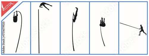 Silhouette of a pole vaulter. White background. Athletic sports theme.
