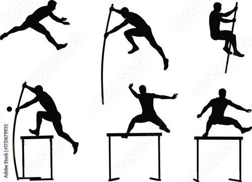 Athletes performing pole vault and hurdle jump silhouette vector illustration set, dynamic track and field sports action poses for competition, training, and fitness design