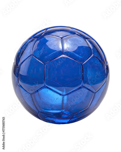 A glossy, vibrant blue soccer ball, centered against a black background.  The ball's surface is depicted with a pattern of hexagonal panels