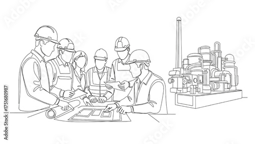 Minimalist Line Art of Industrial Engineers and Factory Staff Reviewing Plans Near Machinery – Clean Black Outline Symbolizing Cooperation, Engineering, and Modern Industry