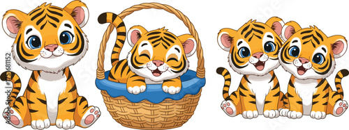 Cute baby tiger cubs vector illustration set featuring adorable cartoon animals sitting, smiling, and playing in basket isolated on white background for kids design
