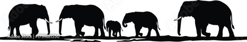 Elephant family silhouettes walking together on savanna vector illustration, wildlife herd scene, nature conservation concept, safari animals and wilderness background design