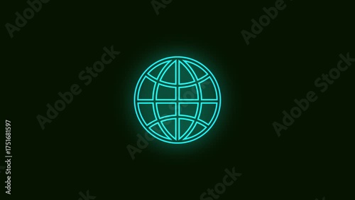 Glowing neon blue globe icon with a dark background representing global connection and technology