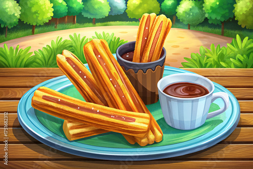 Spanish churros with chocolate sauce wallpaper vector crispy golden sticks served hot, popular European street dessert.